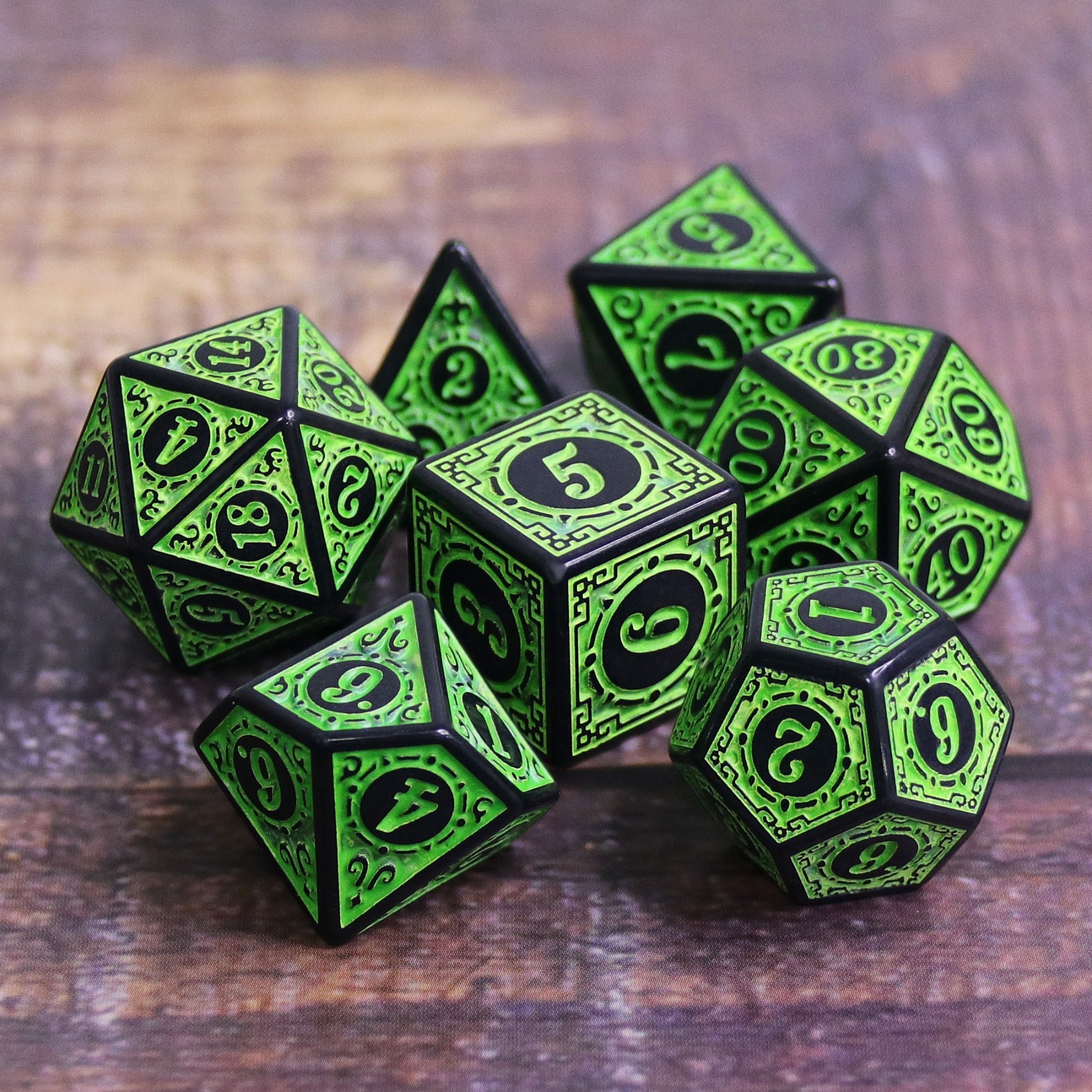 Green Magic Flame 7-Dice Set DND RPG Dice Black w/Color Fill