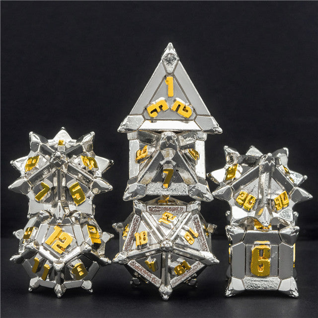 White w/Gold Pinwheel Strengthened Metal 7-Dice Set | Metal DND Dice
