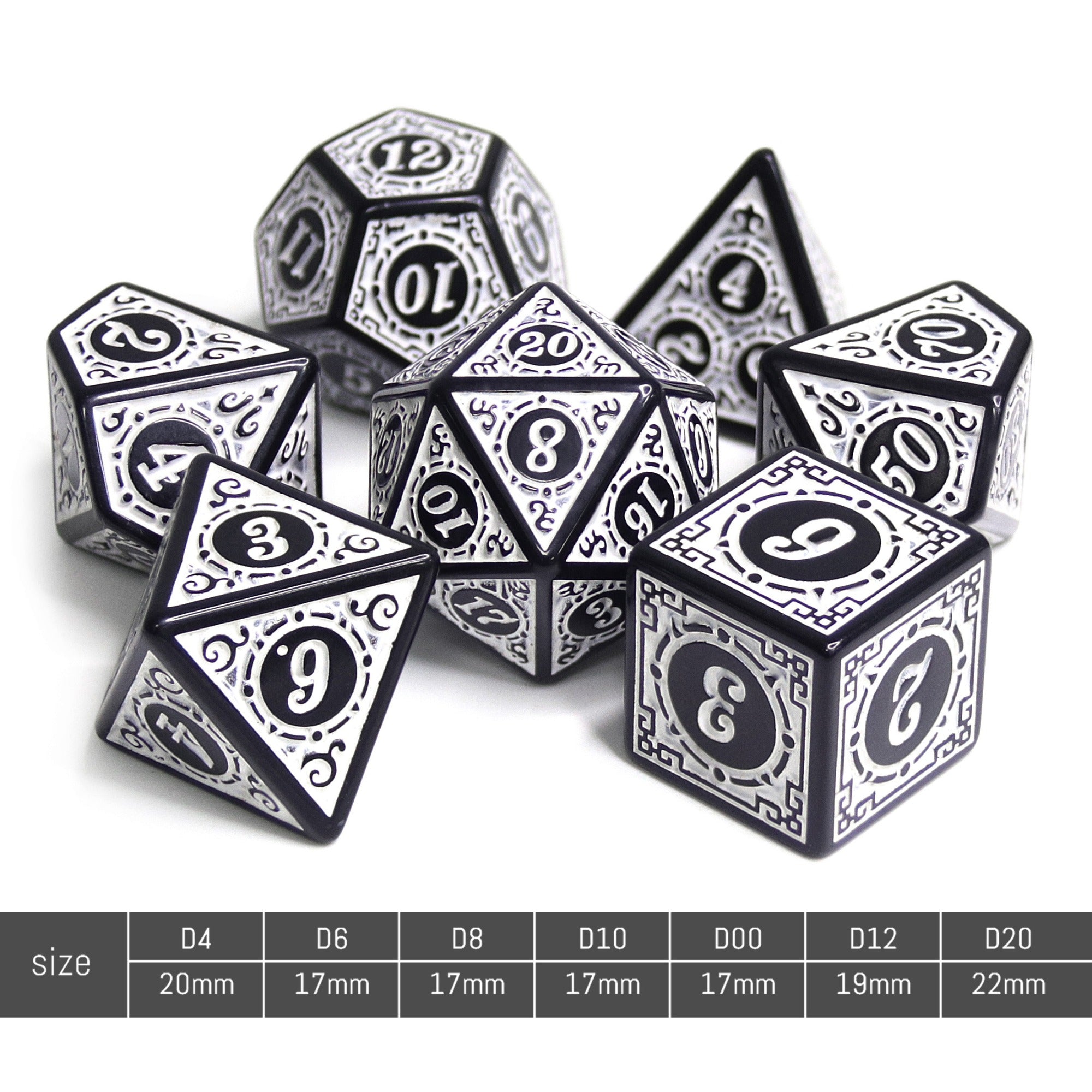 White Magic Flame 7-Dice Set DND RPG Dice Black w/Color Fill