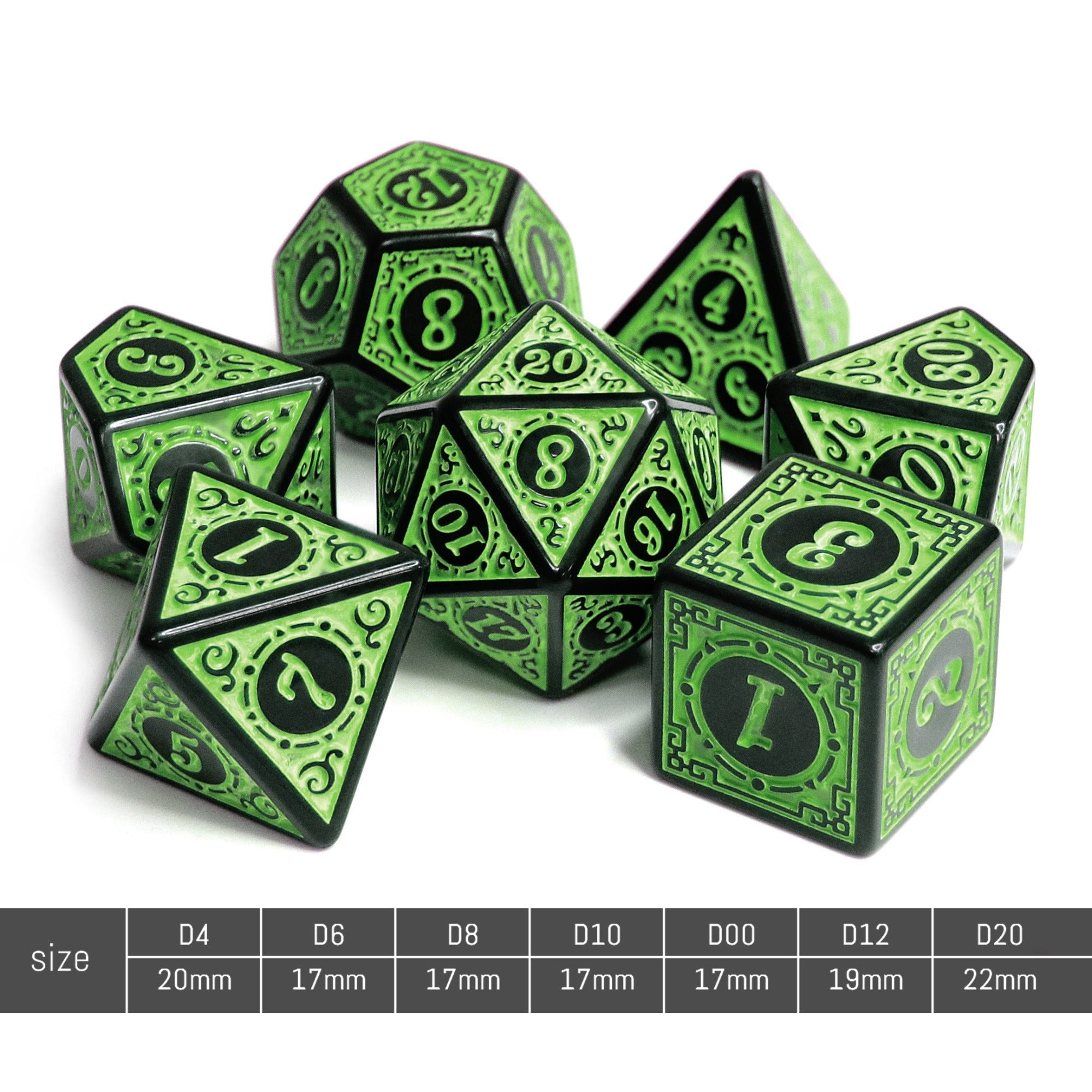 Green Magic Flame 7-Dice Set DND RPG Dice Black w/Color Fill