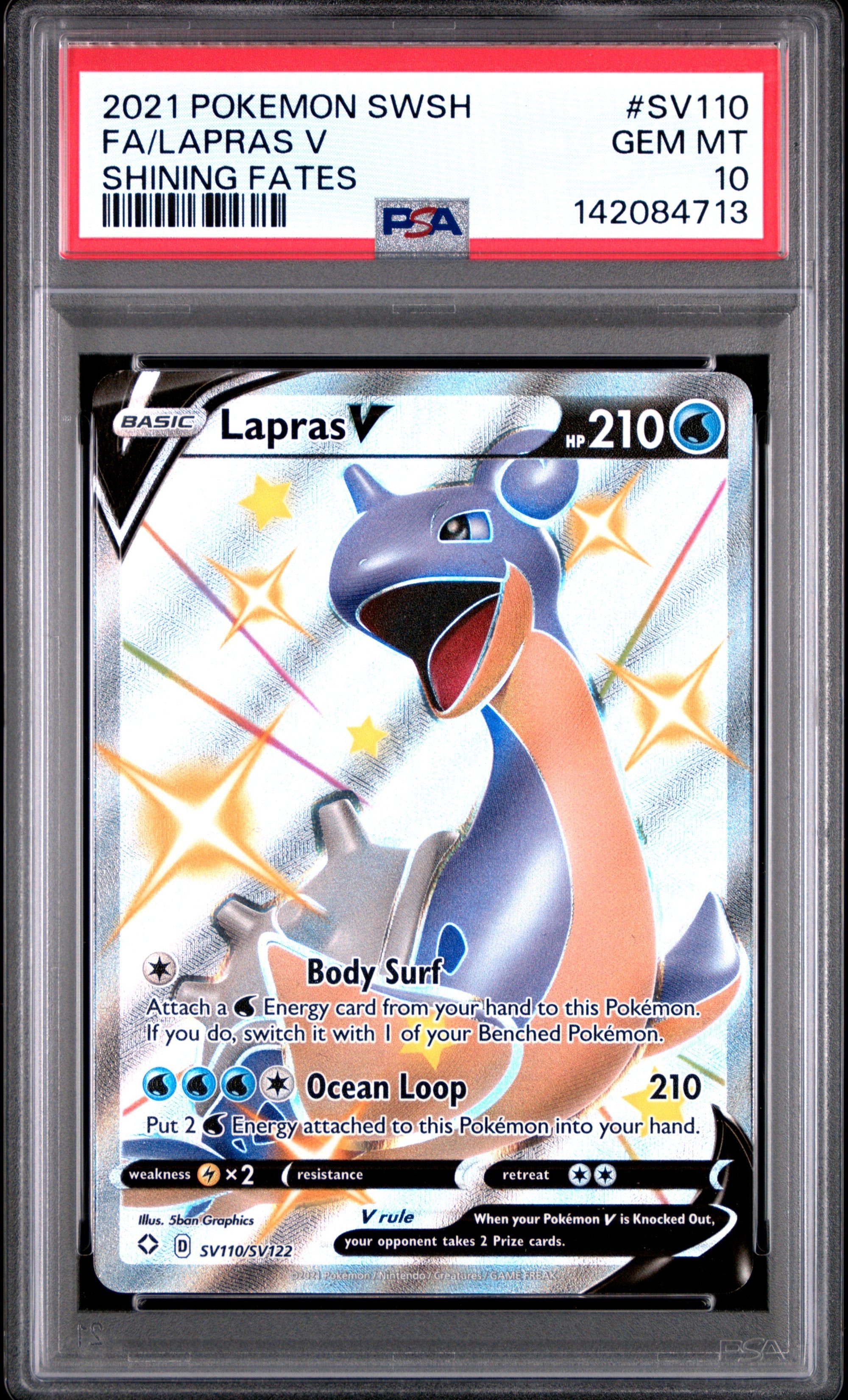 Graded 2021 Pokemon Shining Fates Lapras V #SV110 SWSH Trading Card Game PSA 10 Gem Mint