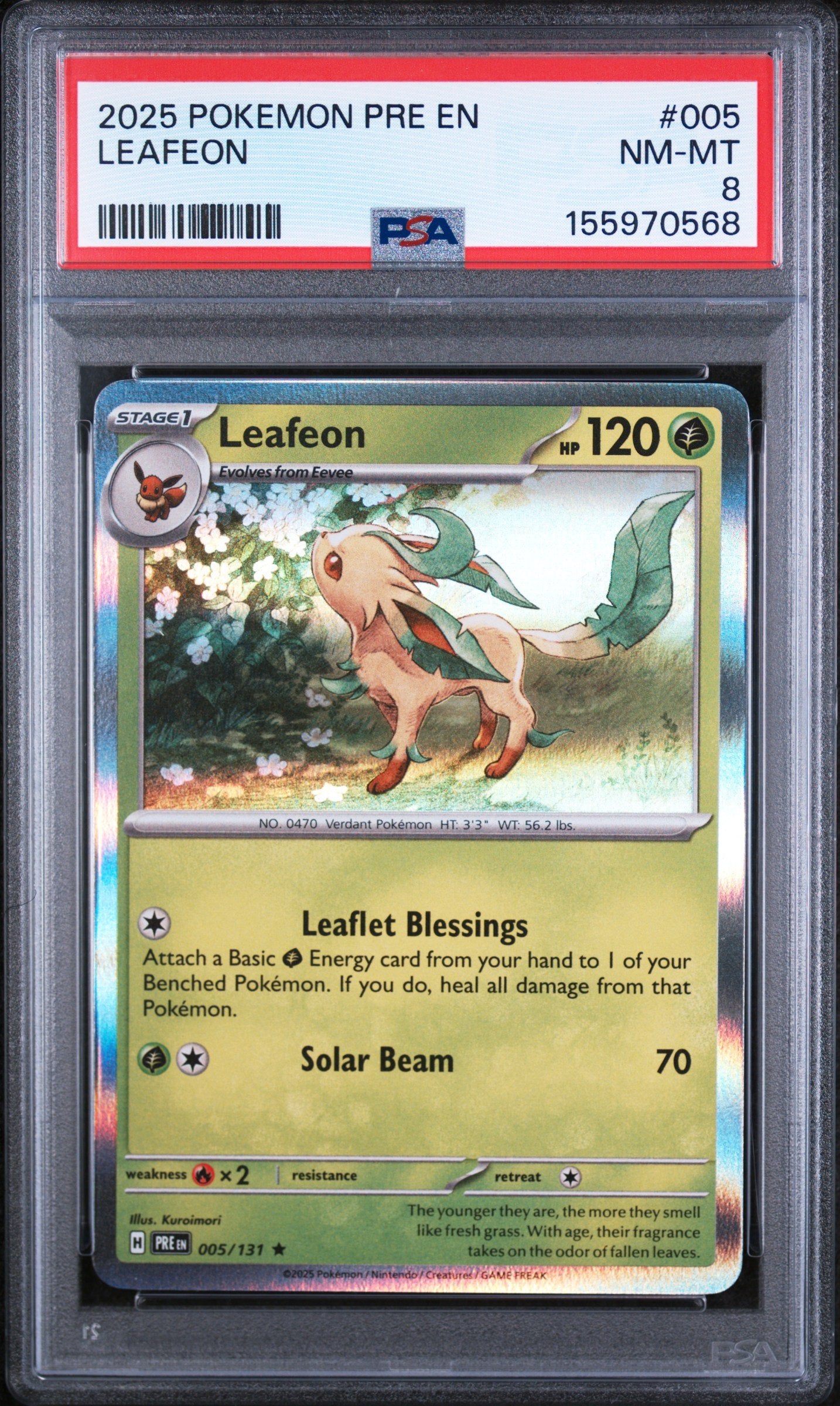 Graded 2025 Pokemon Pre En-Prismatic Evolutions Leafeon #005 Trading Card Game PSA 8 Near Mint