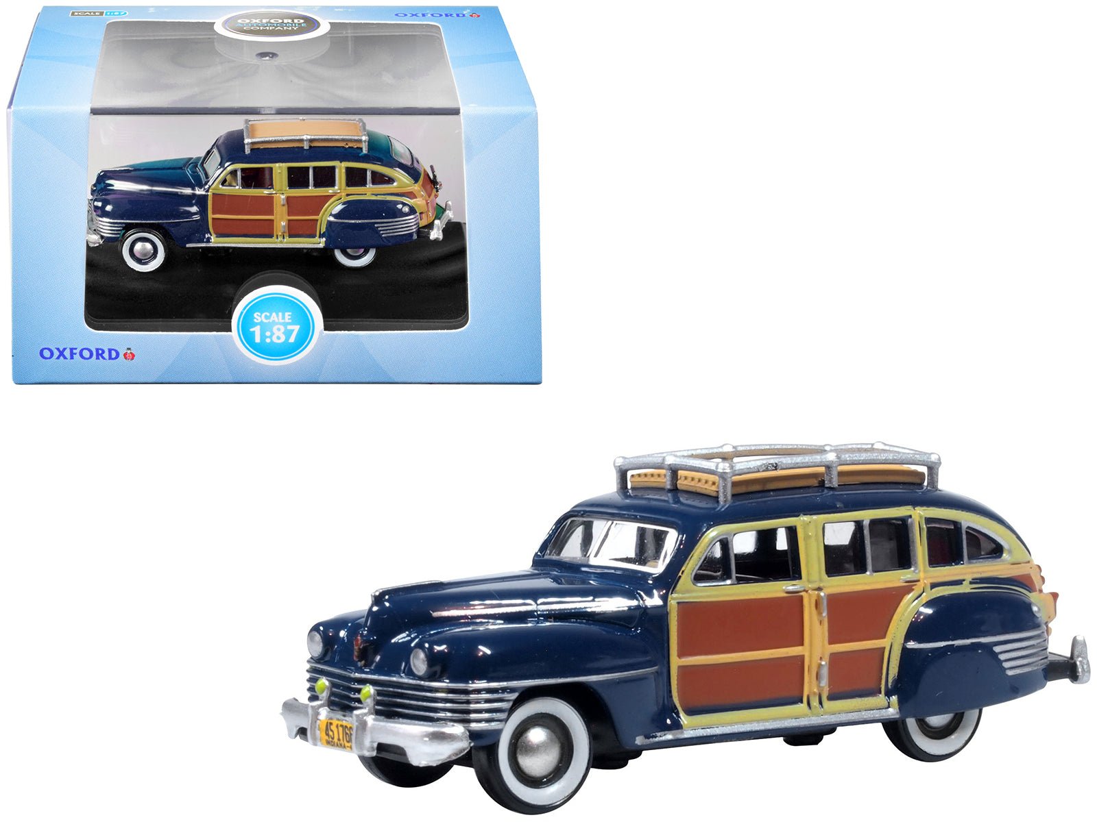 1942 Chrysler Town & Country Woody Wagon South Sea Blue with Wood Panels and Roof Rack 1/87 (HO) Scale Diecast Model Car by Oxford Diecast  free shipping USA