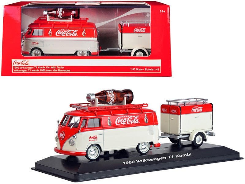 1960 Volkswagen T1 Kombi Van with Trailer Red and Cream "Coca Cola" 1/43 Diecast Model Car by Motorcity Classics  free shipping USA