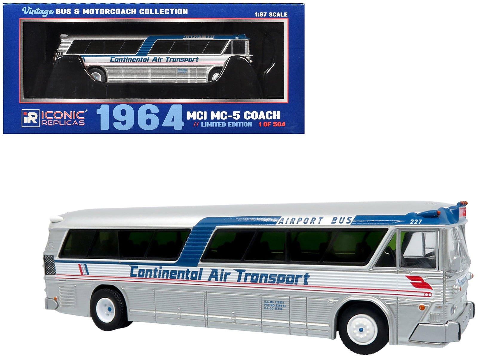 1964 MCI MC-5A Coach Bus "Continental Air Transport" Silver with Blue Stripes "Vintage Bus & Motorcoach Collection" Limited Edition to 504 pieces Worldwide 1/87 (HO) Diecast Model by Iconic Replicas  free shipping USA
