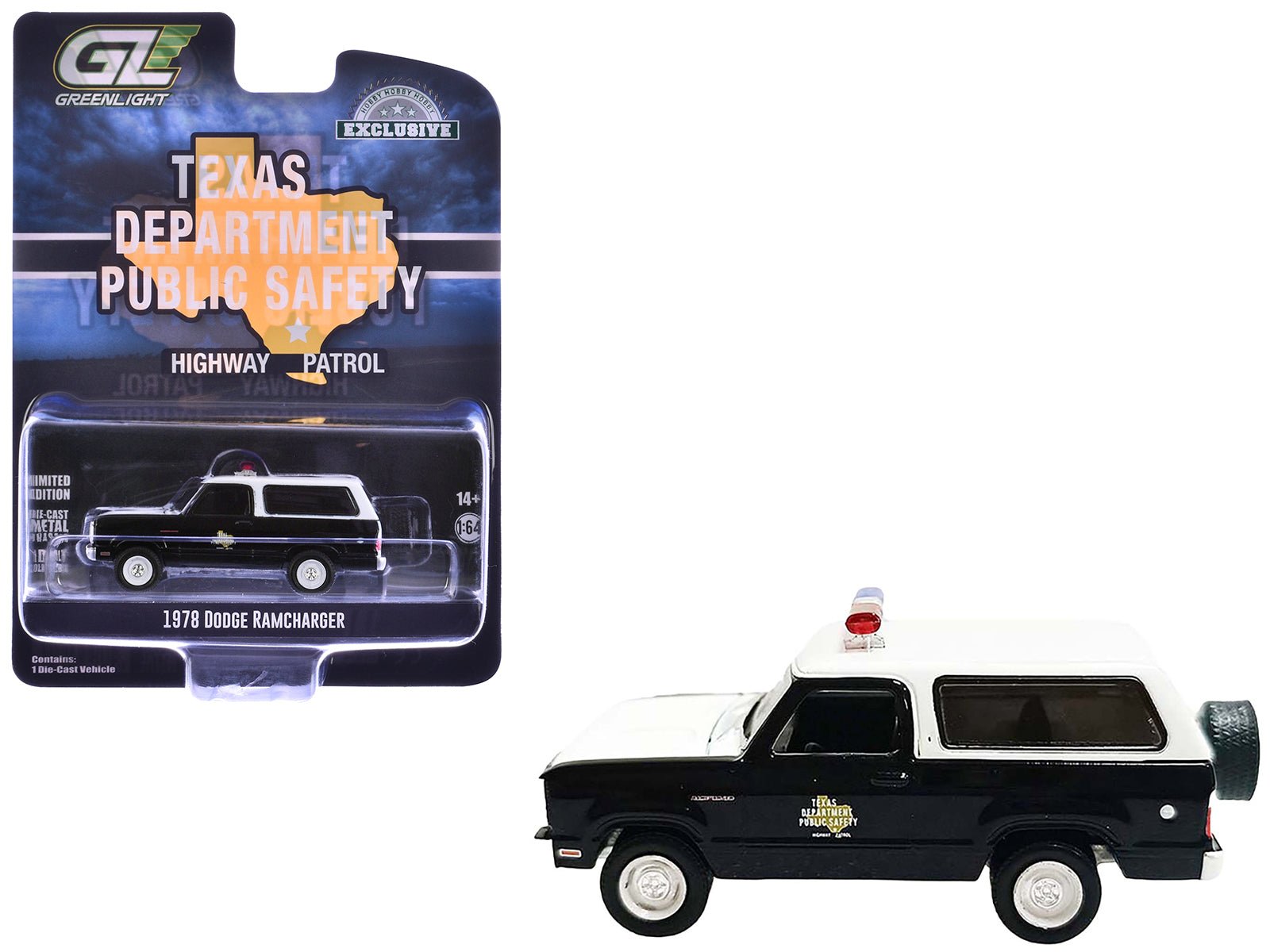1978 Dodge Ramcharger Police Vehicle "Texas Department of Public Safety Highway Patrol" Black with White Hood and Top "Hobby Exclusive" Series 1/64 Diecast Model Car by Greenlight  free shipping USA