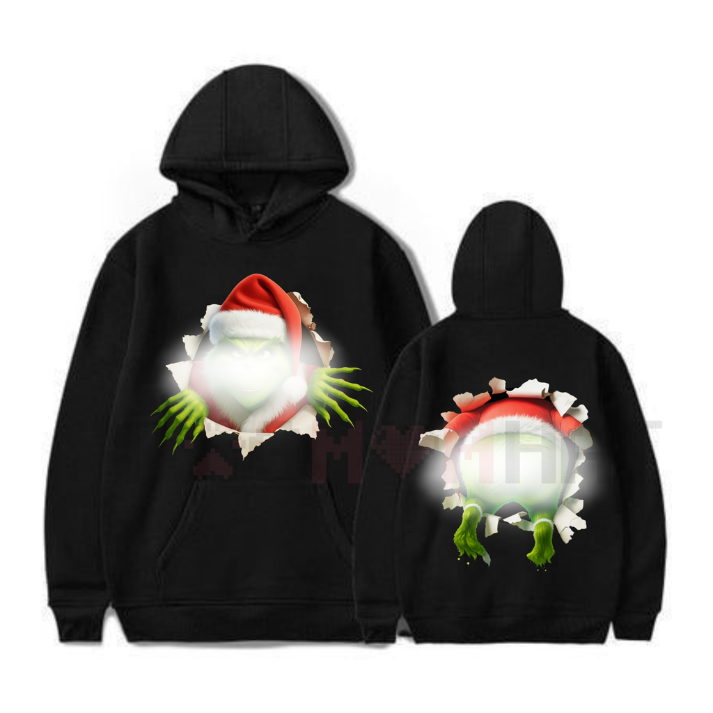 Christmas Movie Character Green Guy Through Hole 2 Sided Graphic Printed T-Shirt Hoodie