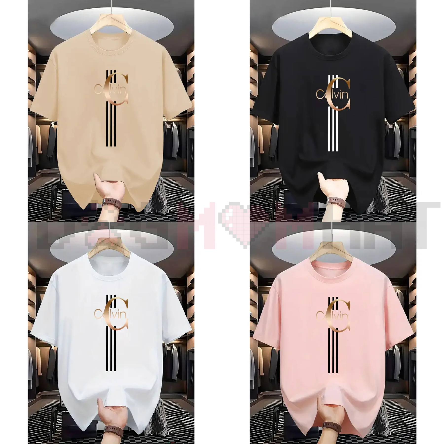 Men's Casual Calvin Print T-Shirt – Black with Gold Stripes Design, Premium Daily Street Style Crew Neck, Breathable Summer Urban Essential