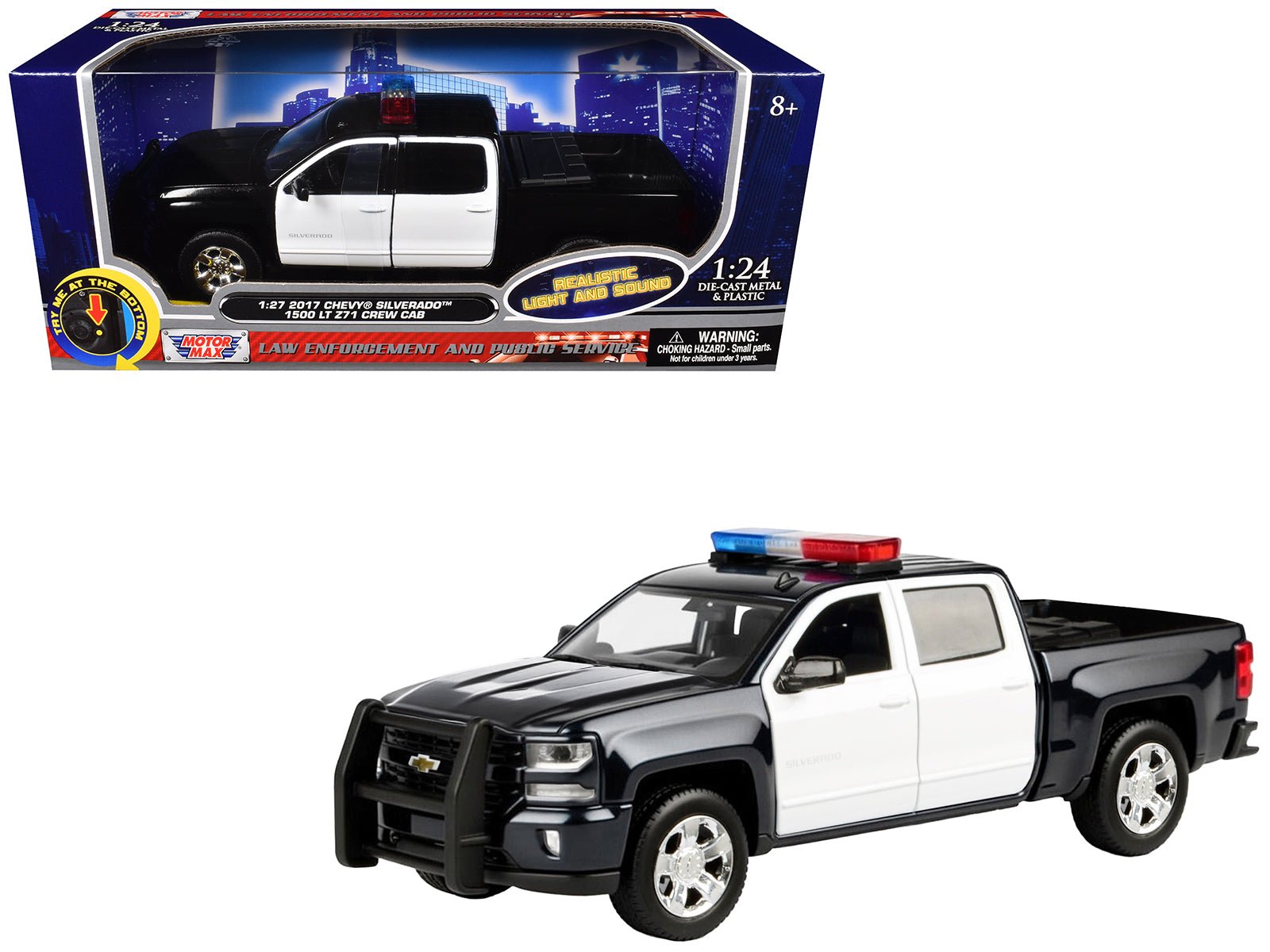 2017 Chevrolet Silverado 1500 LT Z71 Crew Cab Pickup Truck Black and White with Flashing Light Bar and Front and Rear Lights and Sounds 1/27 Diecast Model Car by Motormax  free shipping USA