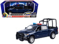2019 RAM 1500 Laramie Crew Cab Pickup Truck with Bed Cage Dark Blue with Flashing Light Bar and Front and Rear Lights and Sounds 1/27 Diecast Model Car by Motormax  free shipping USA