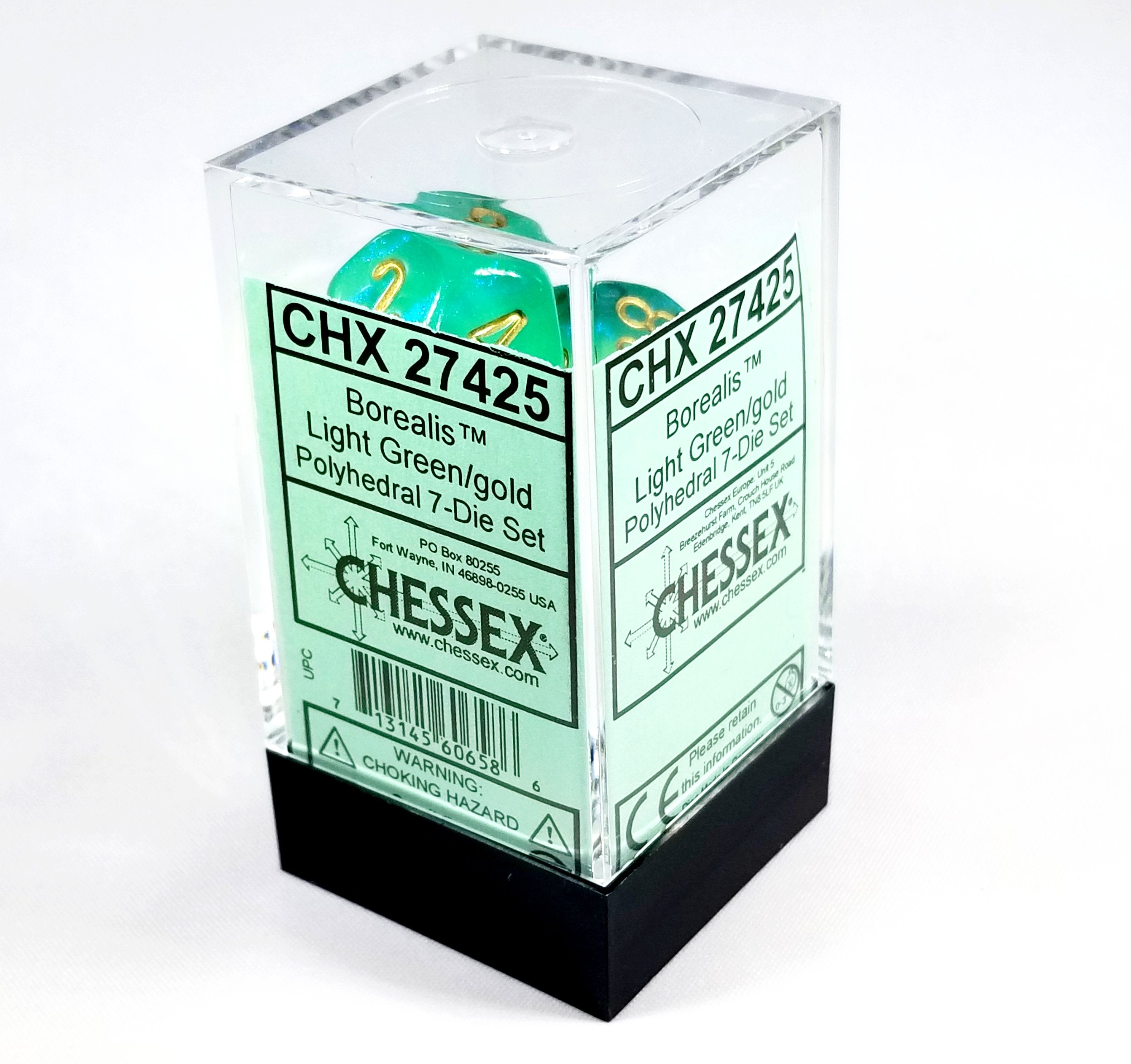 Chessex Borealis Light Green/Gold 7-Die Set –  Polyhedral Dice (OOP Non-Luminary, Rare)