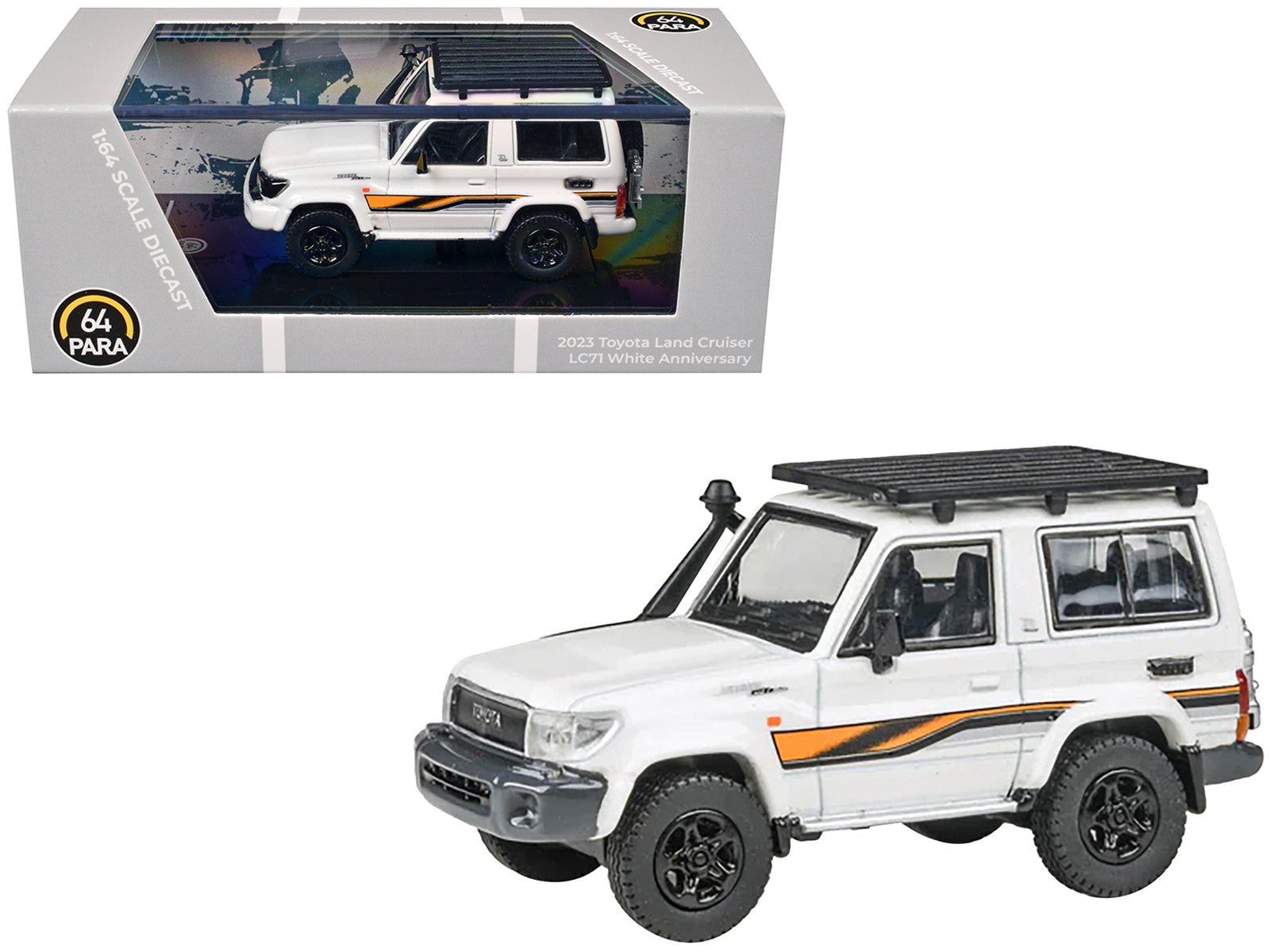 2023 Toyota Land Cruiser 71 White "70th Anniversary" with Stripes and Roofrack 1/64 Diecast Model Car by Paragon Models  free shipping USA