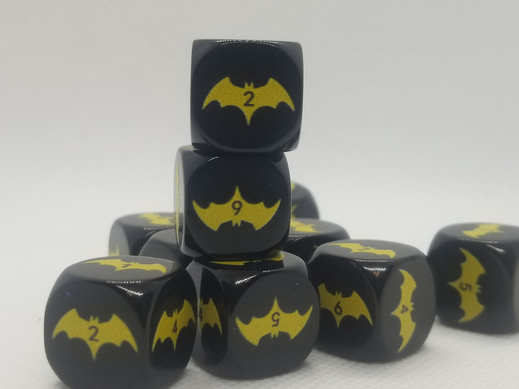 Yellow Bat Black Dice 6 Sided 16mm (Custom Printed)