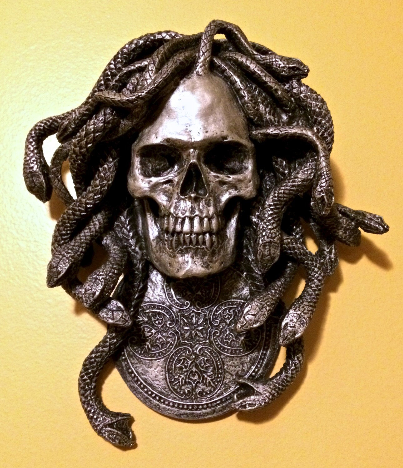 Medusa Skull Wall Plaque, Hand Painted Resin Sculpture | Mythic Gothic Wall Art | Medusa Skull Plaque for Gothic and Fantasy Home Decor, 10"