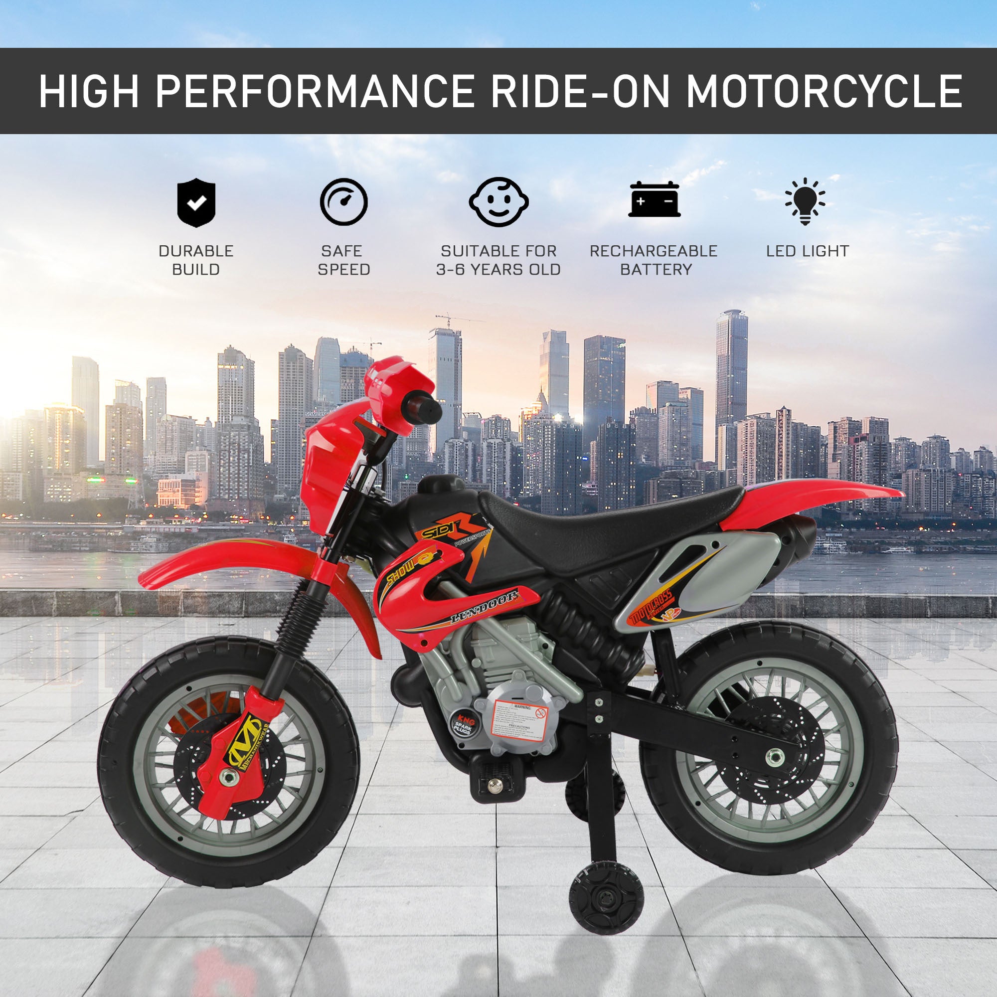Kids 6V Electric Ride-On Motorcycle With Training Wheels, Battery-Powered, Red