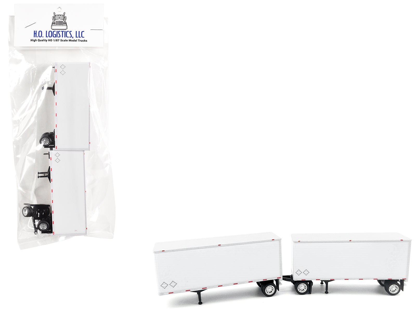 28' Dry Van Double Pup Trailers White Set of 2 pieces 1/87 (HO) Scale Plastic Model by HO Logistics  free shipping USA