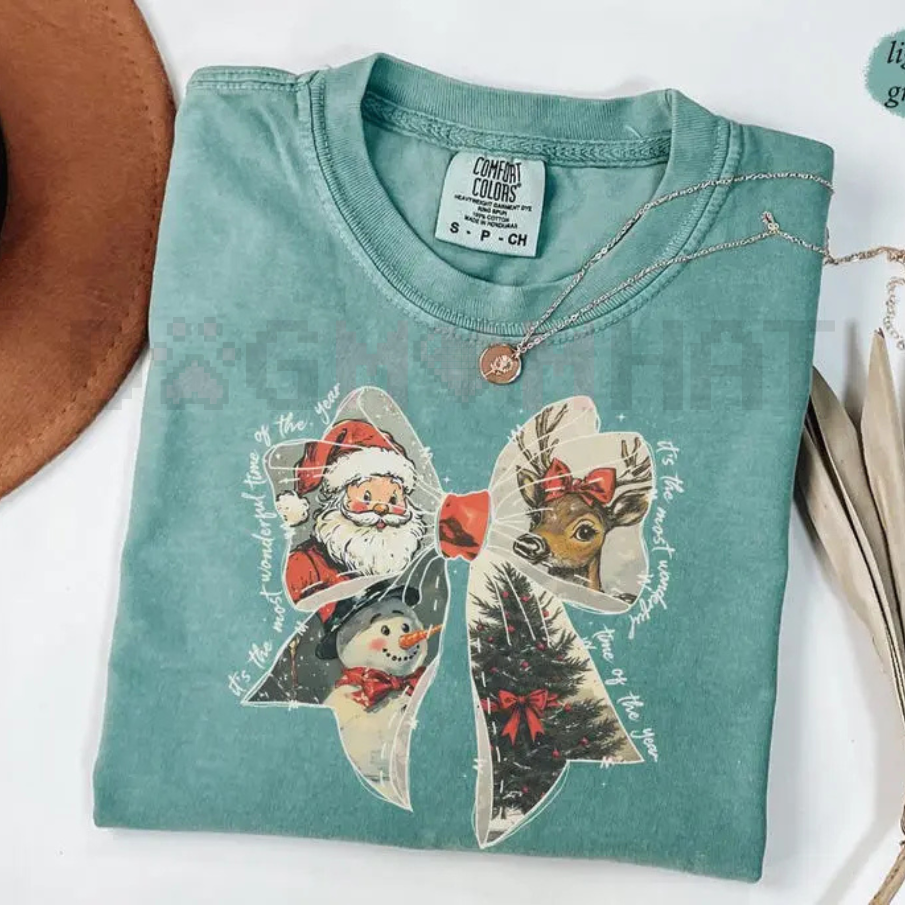 Comfort Colors Women's Vintage Christmas T-Shirt – Holiday Bow Santa Reindeer Graphic, Eco-Friendly Dye Tee