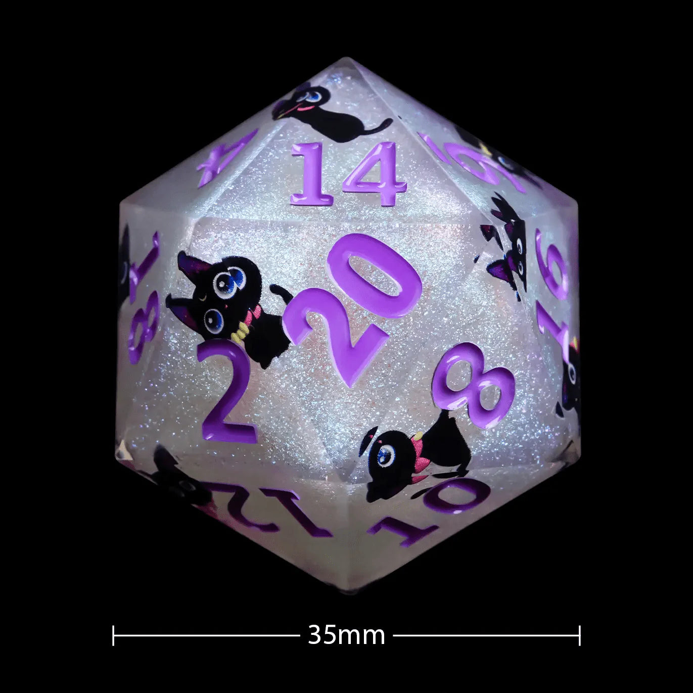 Giant D20 Dice (Black Cat Gold Lettering) 35mm Resin RPG Monster Dice