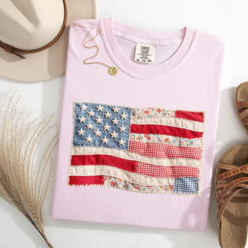 Retro American Flag Shirt – Faux Patchwork USA Tee