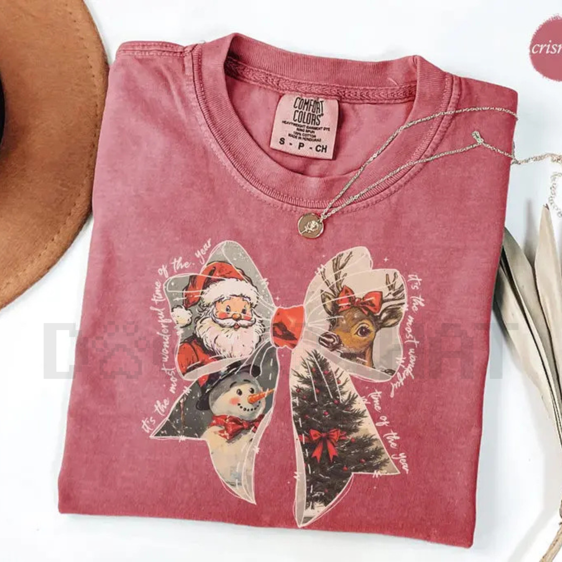 Comfort Colors Women's Vintage Christmas T-Shirt – Holiday Bow Santa Reindeer Graphic, Eco-Friendly Dye Tee