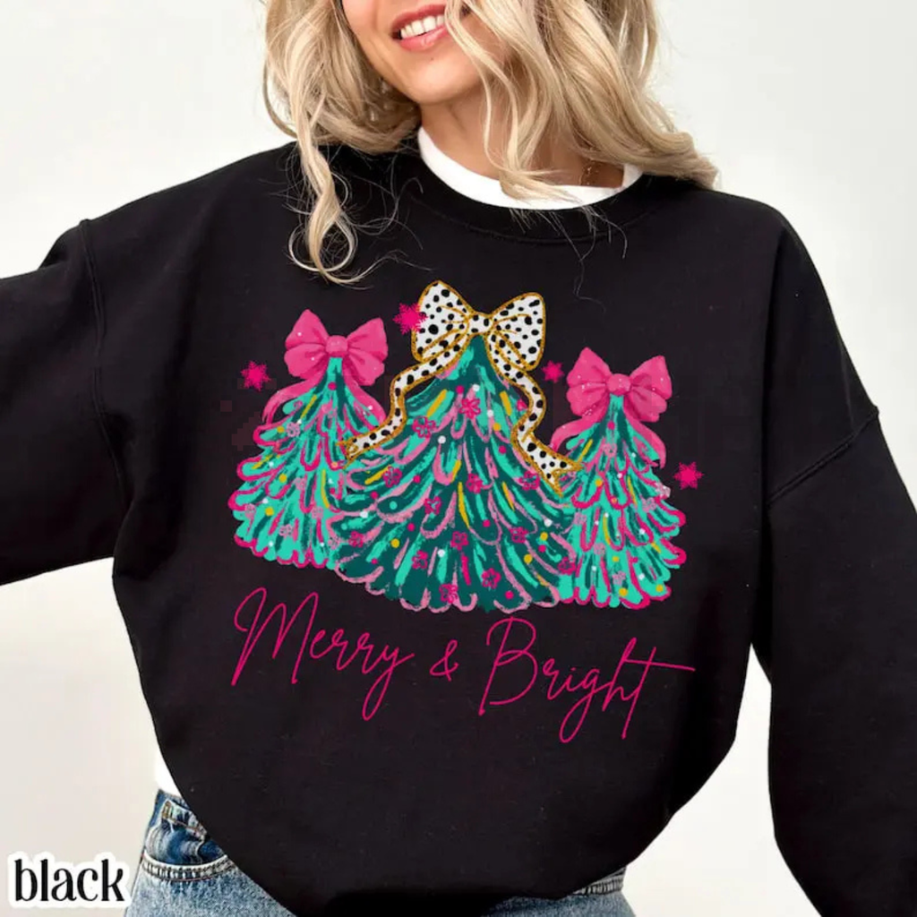 "Merry & Bright" Tree Sweatshirt with Festive Lights & Bows