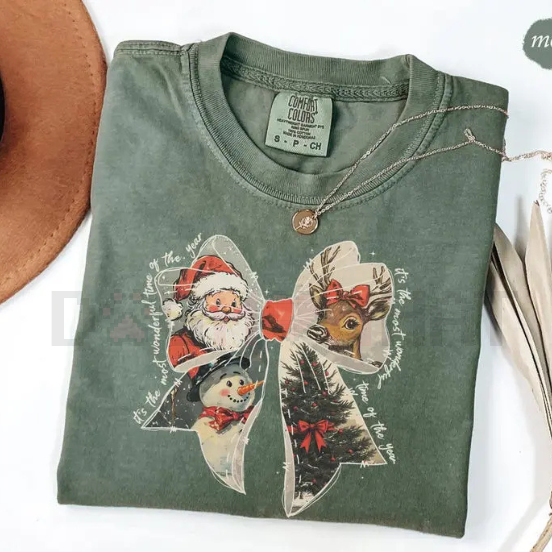 Comfort Colors Women's Vintage Christmas T-Shirt – Holiday Bow Santa Reindeer Graphic, Eco-Friendly Dye Tee