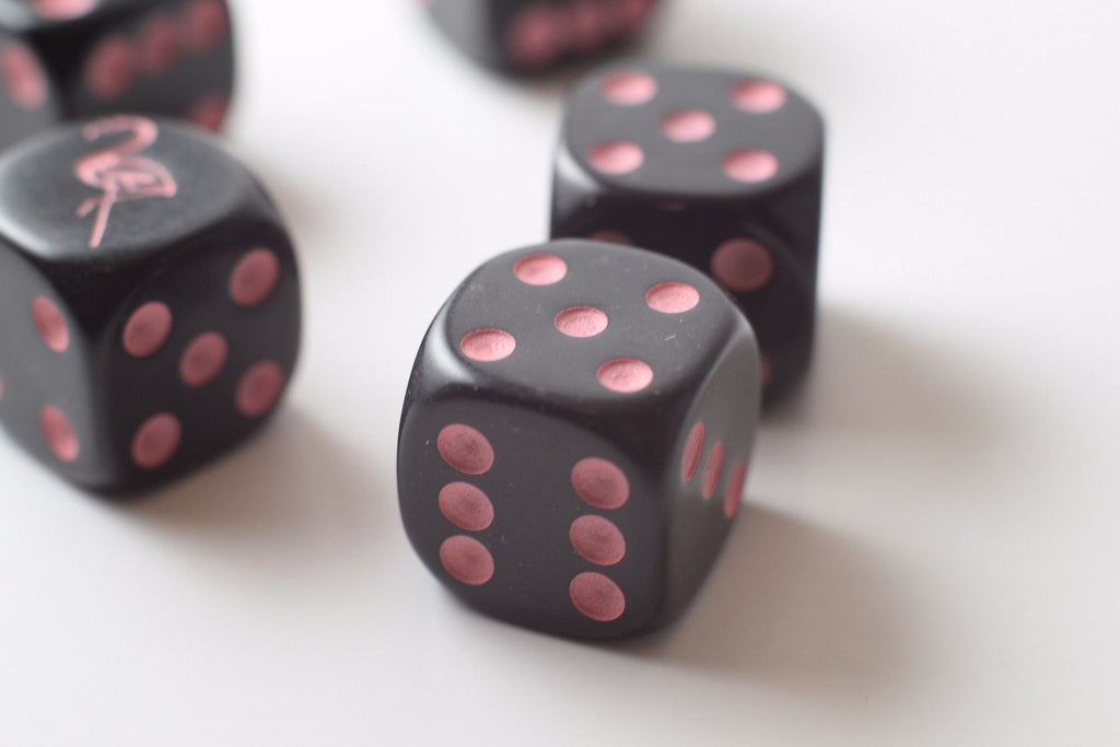 Black Dice with Pink Flamingo Dice 6 Sided Bunco RPG Game D6 16mm Roll (sold per piece)