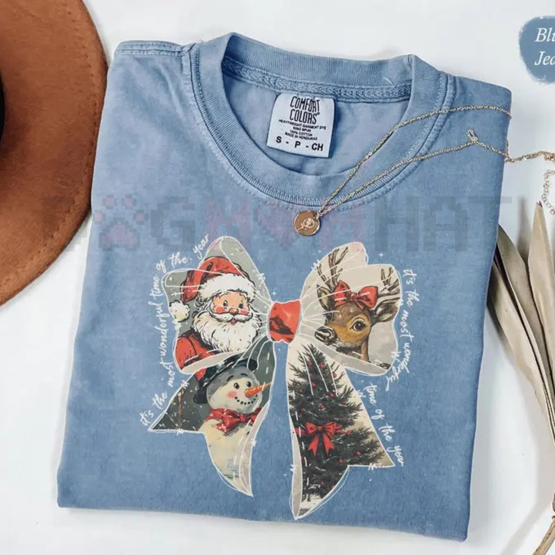 Comfort Colors Women's Vintage Christmas T-Shirt – Holiday Bow Santa Reindeer Graphic, Eco-Friendly Dye Tee