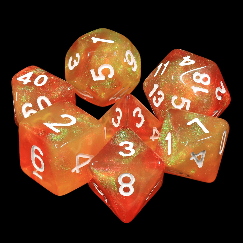 Walking the Sun Orange/Yellow Glitter 7-Dice Set by HendgaDice