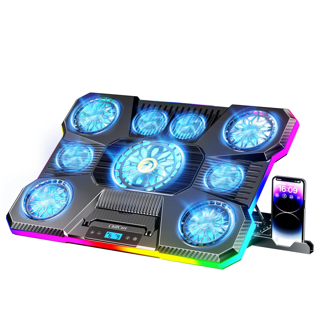 9-Fan RGB Laptop Cooling Pad – LCD Display, 8 Height Settings, Fits 15.6–19.3"
