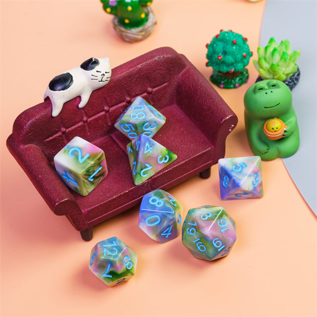 Earthly 4-Color 7-Dice Dnd Dice | Green White Green w/Blue Numbers Set