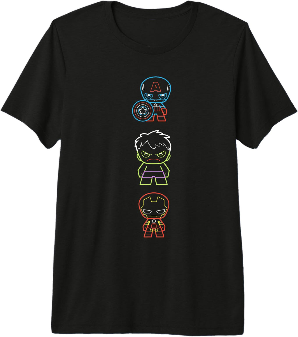 Marvel Kawaii Chibi Avengers Neon Outline T-Shirt - Novelty Apparel Unisex