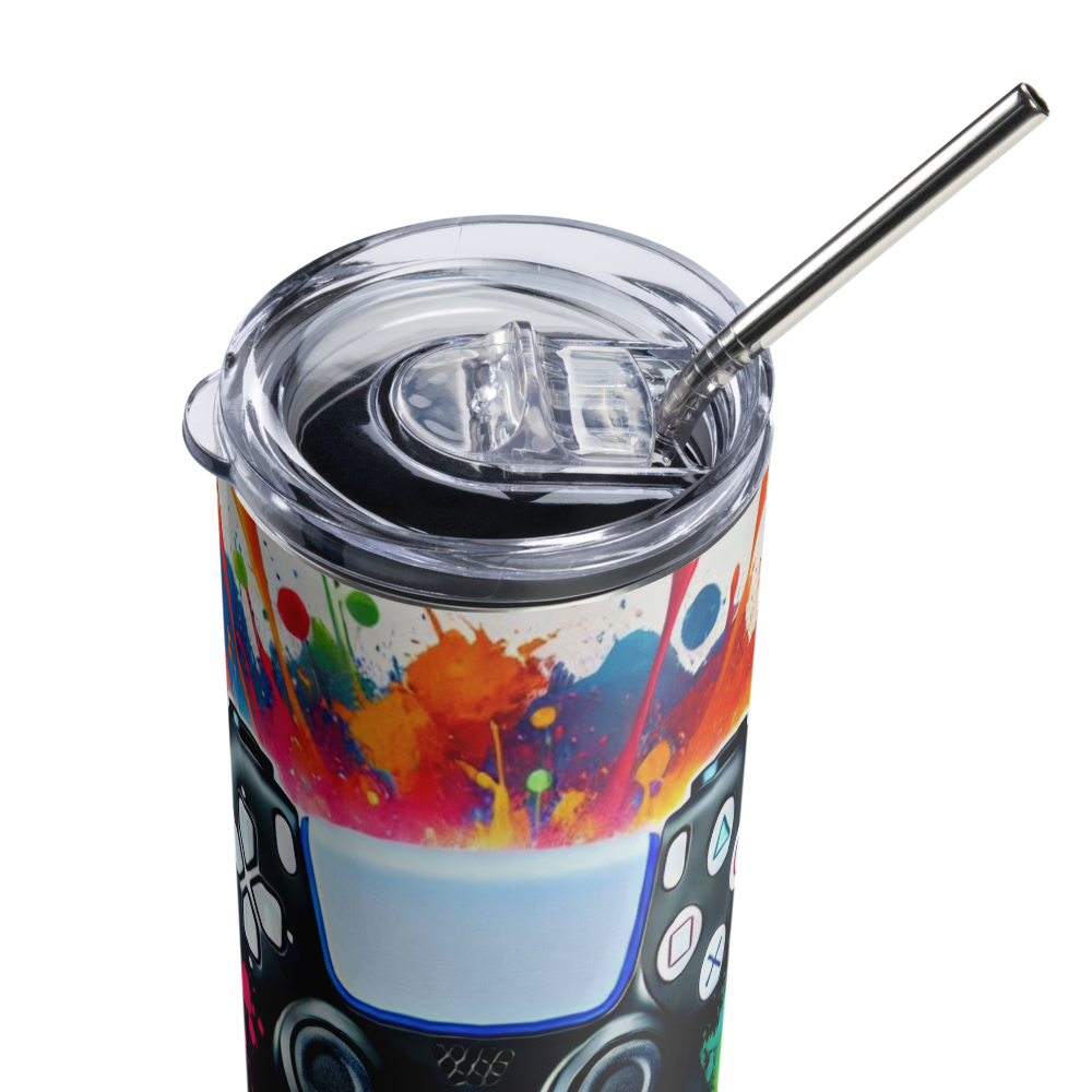 White Game-On PS Controller Metal Tumbler