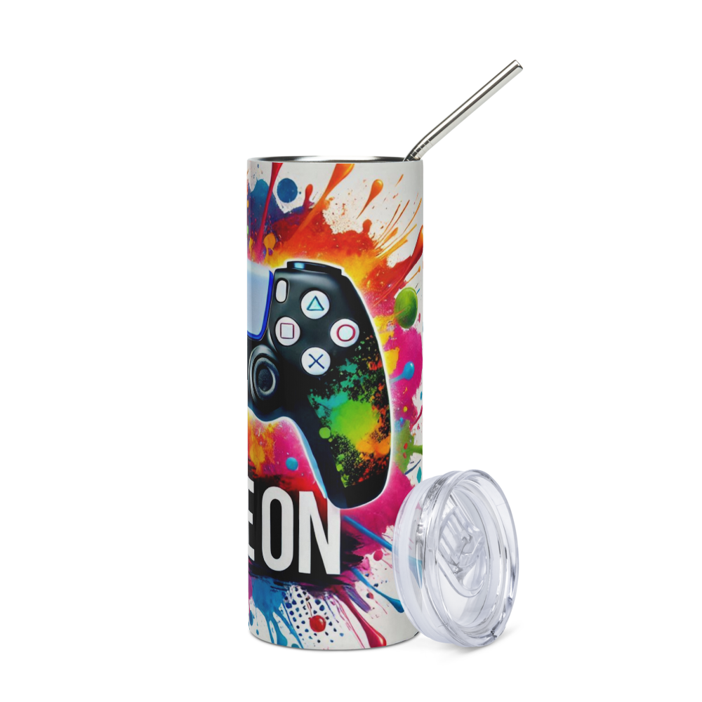 White Game-On PS Controller Metal Tumbler