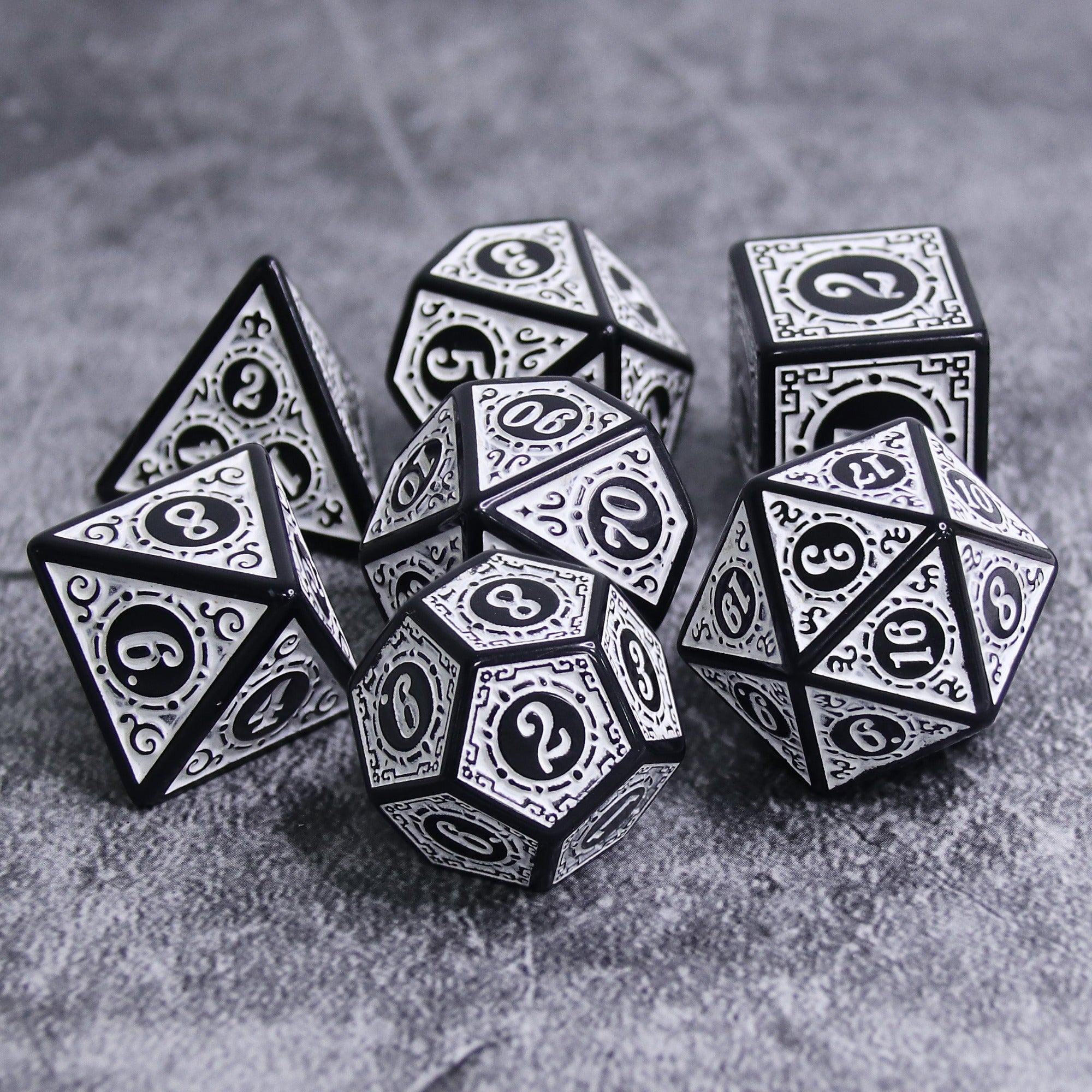 White Magic Flame 7-Dice Set DND RPG Dice Black w/Color Fill