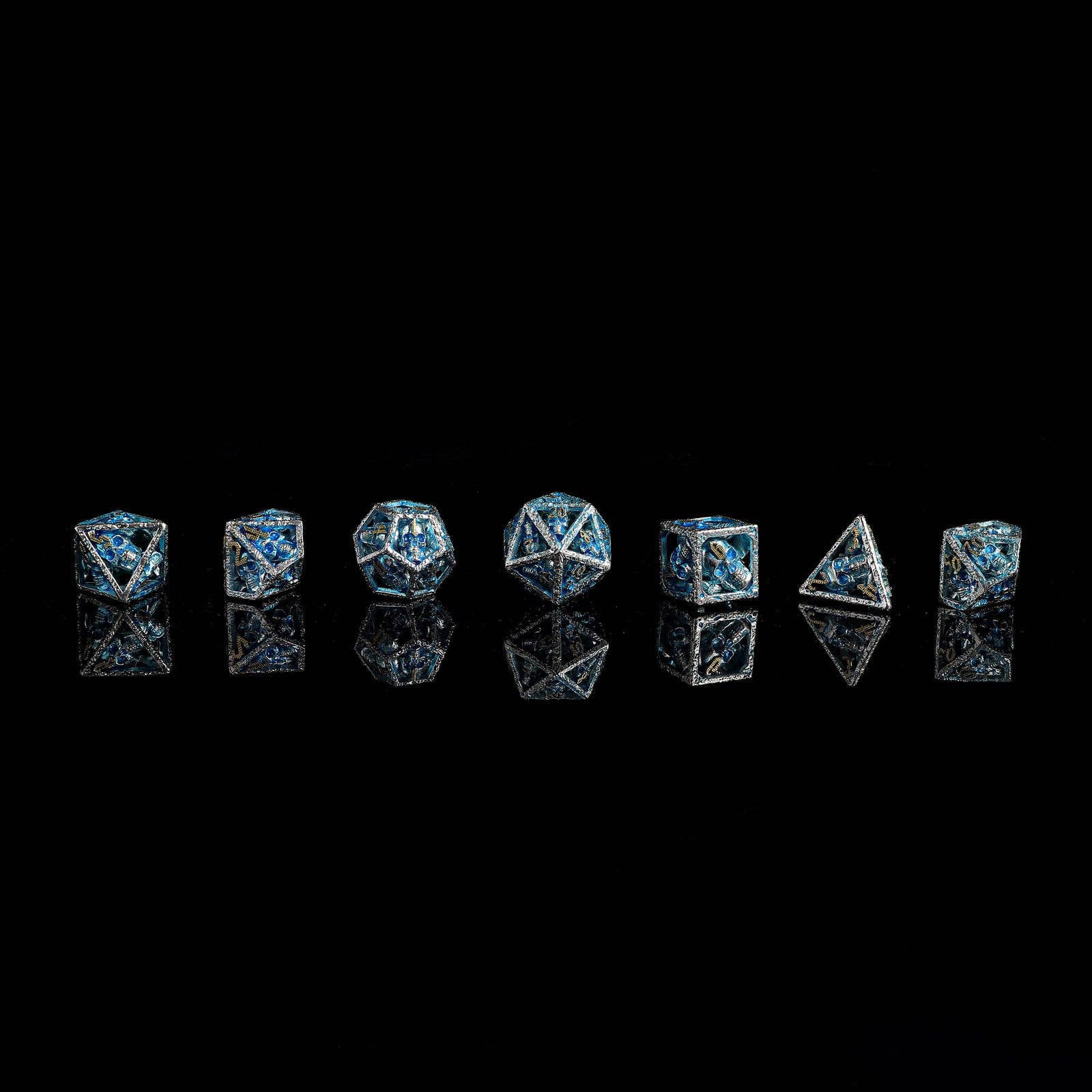 Skull's Grin Hollow Metal Dice Set - Glow in the Dark Blue
