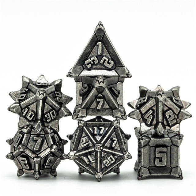 Vintage Silver Pinwheel Strengthened Metal 7-Dice Set | Metal DND Dice