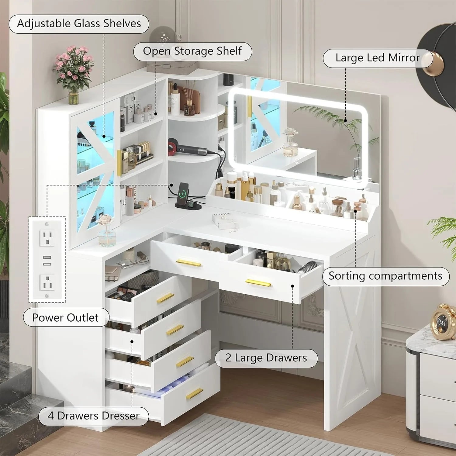 L-Shaped Corner Vanity Desk with LED Lighted Mirror & Charging Station, White Makeup Vanity with 6 Drawers & Sliding RGB Cabinet