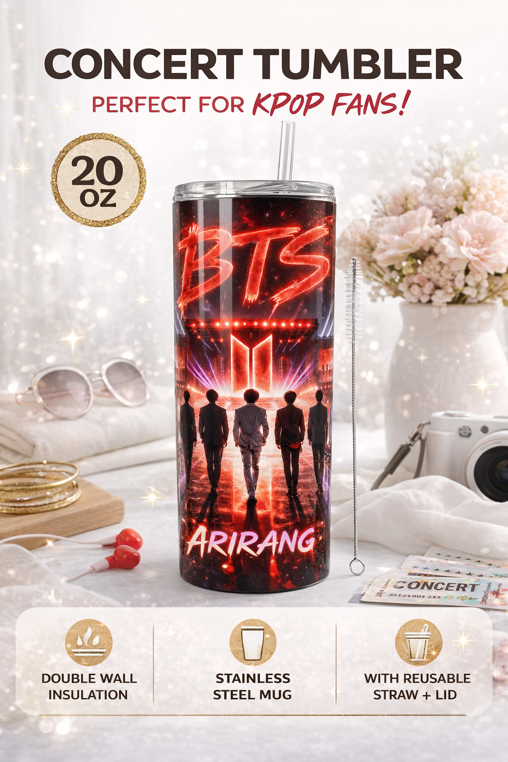 Kpop BTS Inspired Concert Tumbler 20oz | Red Stage Lights Fan Gift | Music Lover