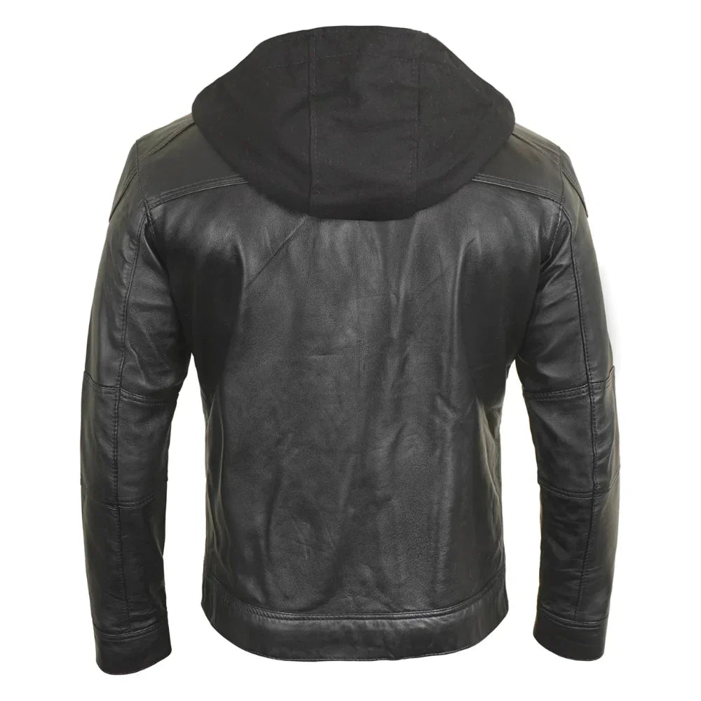 Men's Black Hooded Biker Leather Jacket With Removable Hood