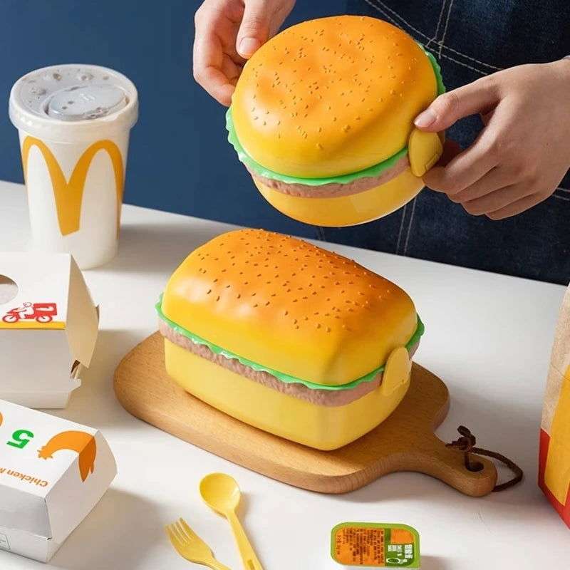 Cute Kawaii Double-Tier Burger Bento Box for Kids, Microwave Safe Fun and Functional Lunchware