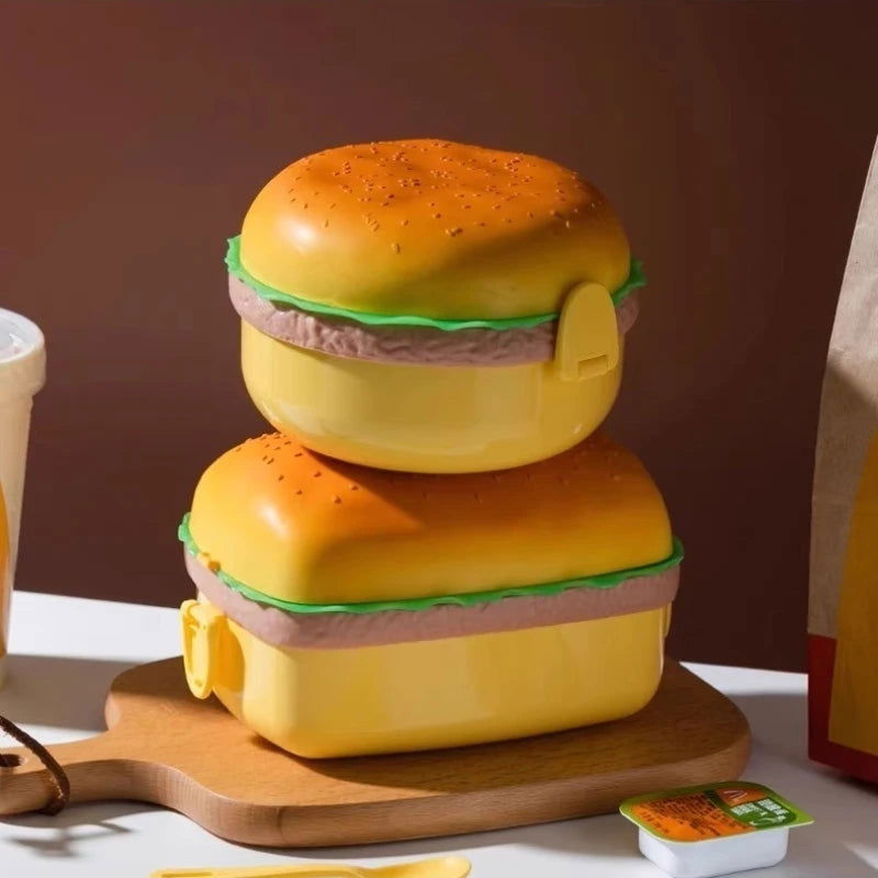 Cute Kawaii Double-Tier Burger Bento Box for Kids, Microwave Safe Fun and Functional Lunchware