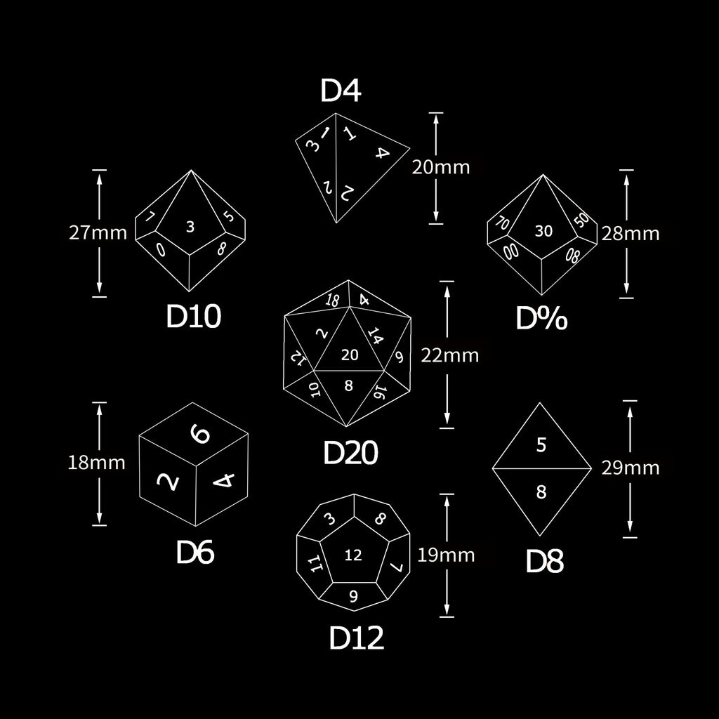 Yellow Dragon and Warrior Black Metal Solid DND Dice Set + Blue Font