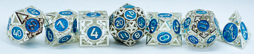 Tritan Silver w/Blue Deadly Arrow Dice | 7-Dice RPG Set High Visibility