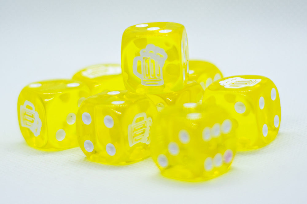 Clear Yellow w/White 16mm d6 Dice Featuring a White Mug on the '1' side (sold per die)