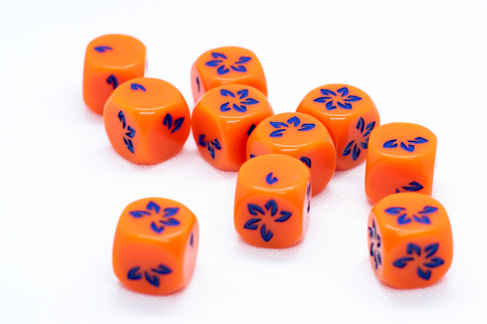 Orange w/Blue Falling Petals Dice 16mm D6 Flower Dice (sold per die)