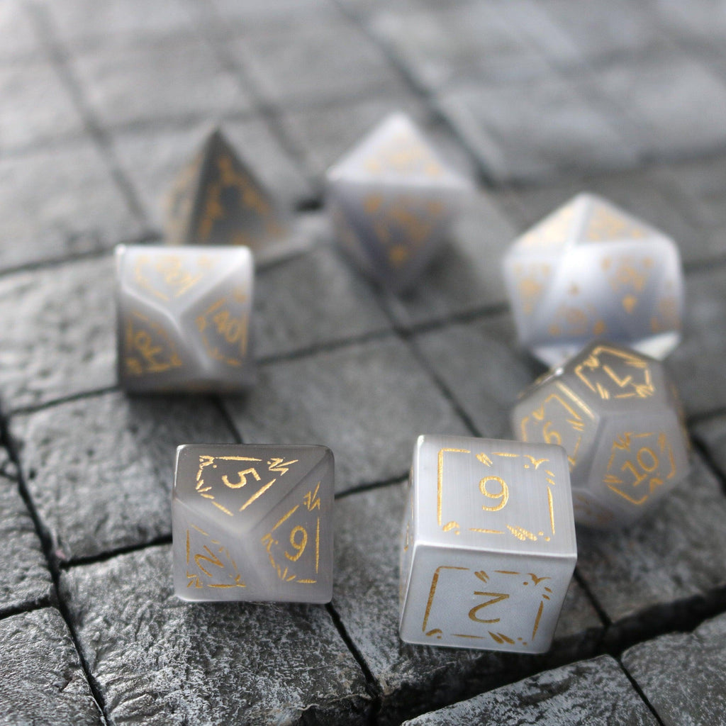 Dragon Shield Gray Cats Eye Gemstone DND Dice Set
