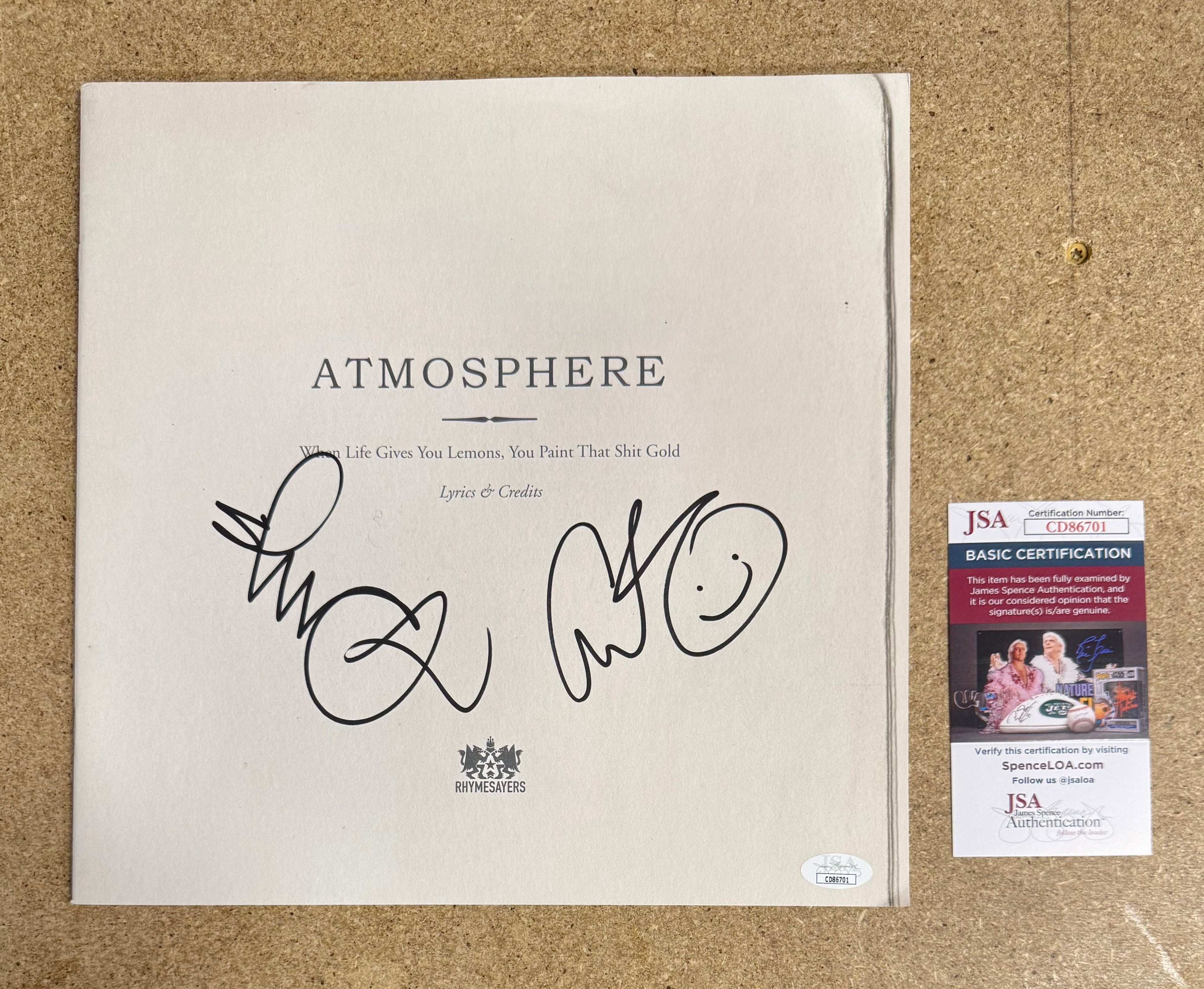 Atmosphere (Slug & Ant) Signed When Life Gives You Lemons, You Paint That Shit Gold Vinyl Insert JSA COA