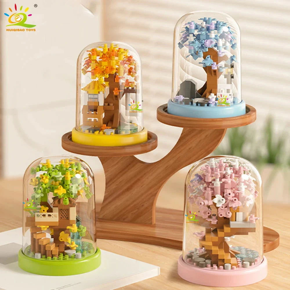 Four Seasons Mini Tree House with Display Box Model Mini Figurines Building Block Puzzles