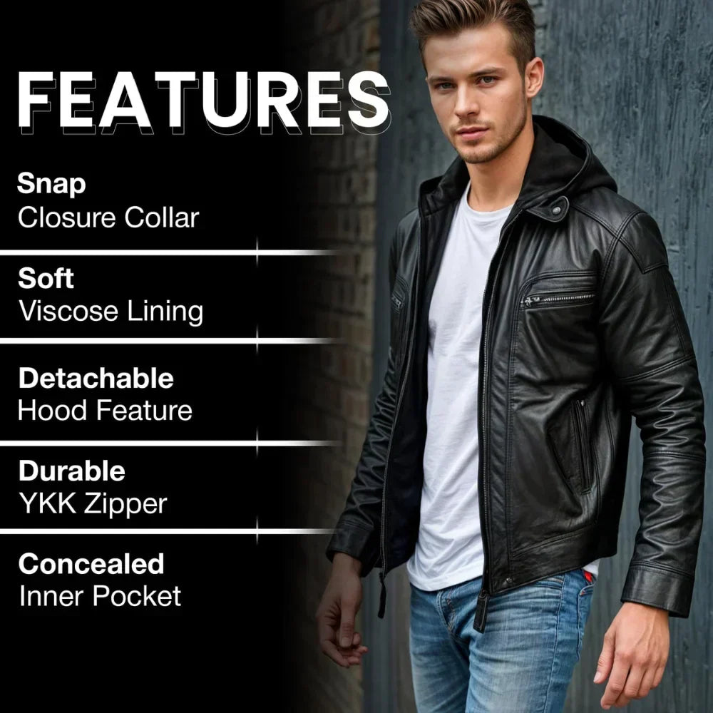 Men's Black Hooded Biker Leather Jacket With Removable Hood